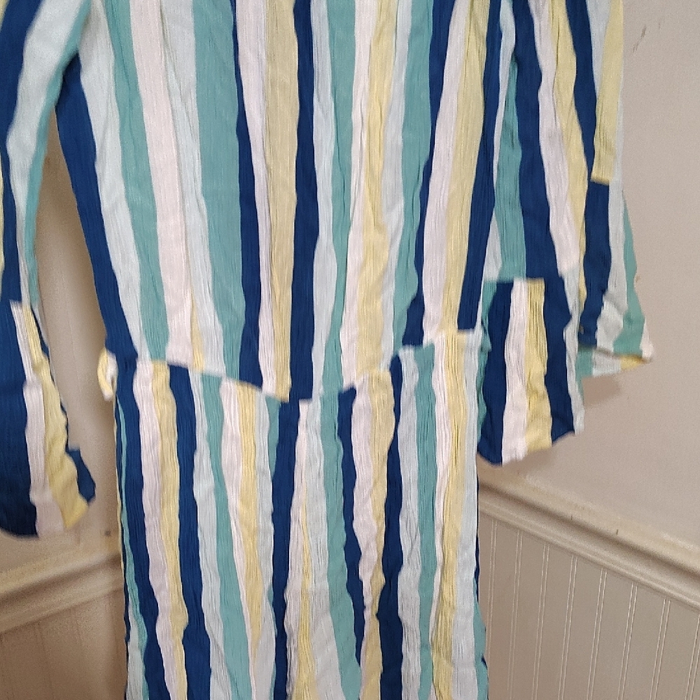 Blue and Yellow Striped Off-Shoulder Jumpsuit - Picture 7 of 8